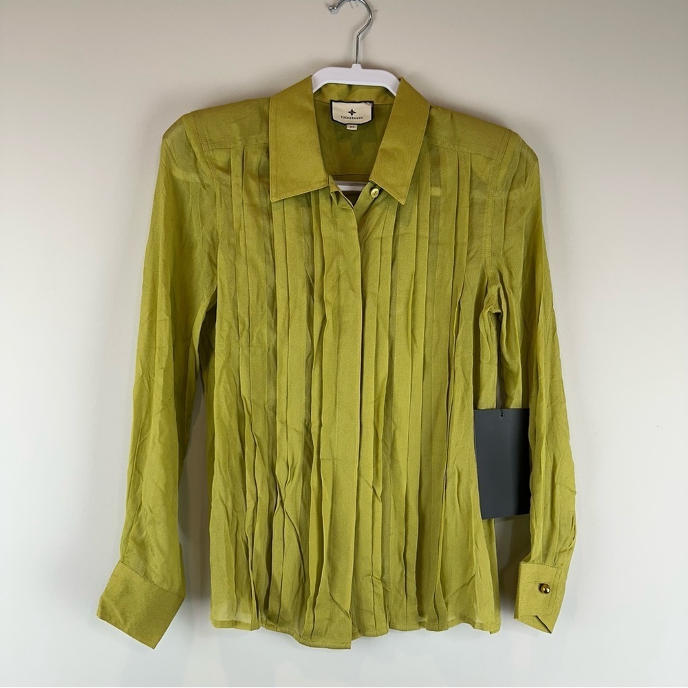 NEW Tuckernuck Green Chartreuse Natalia Long Sleeve Pleated Blouse Size XS